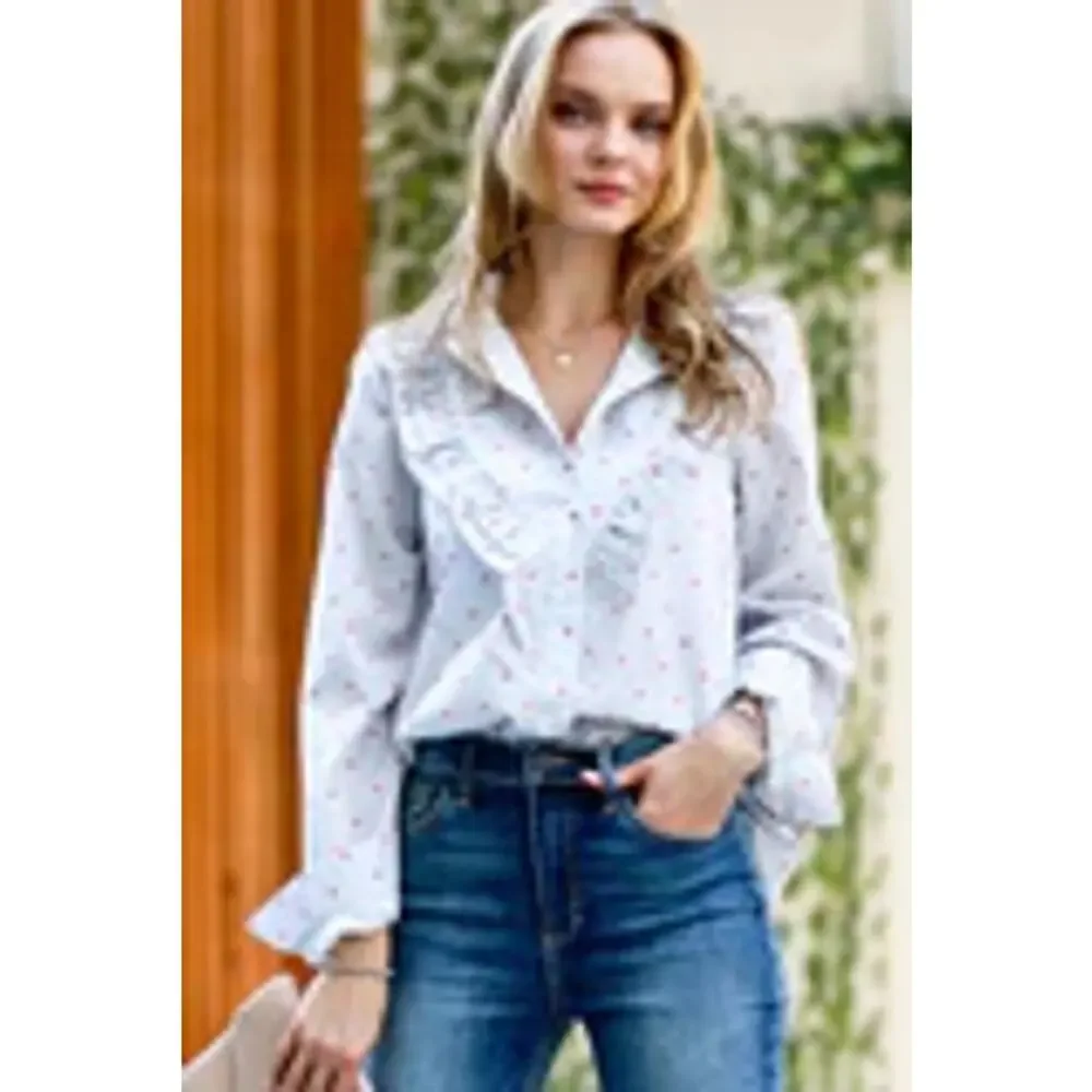 Long Sleeve Cotton Button Up Blouse White Gray Pinstripe Heart Ruffle Small - Picture 5 of 10